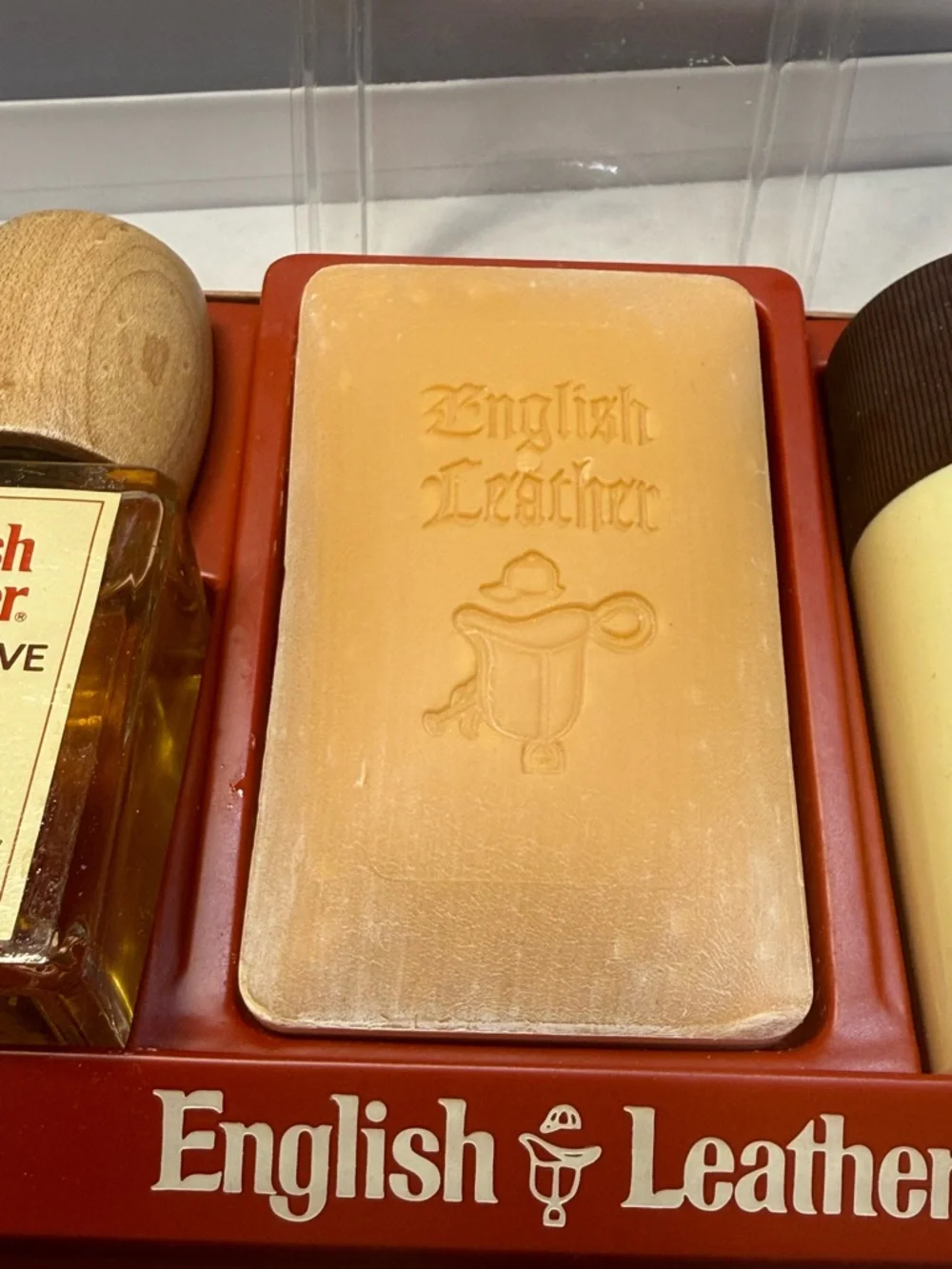 Vtg English Leather 3pc Gift Set After Shave Soap Deodorant NOS Faux Wood Box